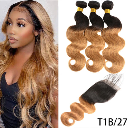 Hair Blond Brown Body Wave 3 Bundles With 4x4 HD