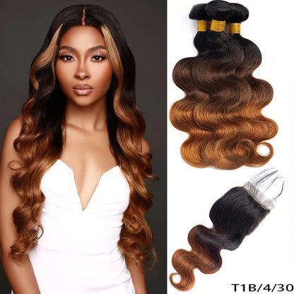 Hair Blond Brown Body Wave 3 Bundles With 4x4 HD