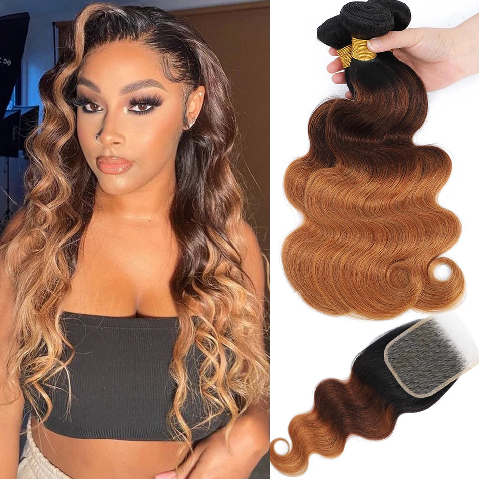 Hair Blond Brown Body Wave 3 Bundles With 4x4 HD