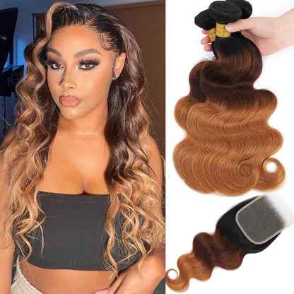 Hair Blond Brown Body Wave 3 Bundles With 4x4 HD