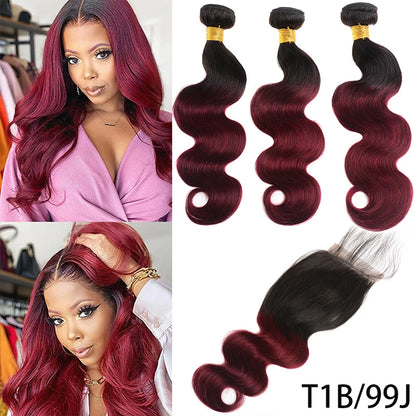 Hair Blond Brown Body Wave 3 Bundles With 4x4 HD