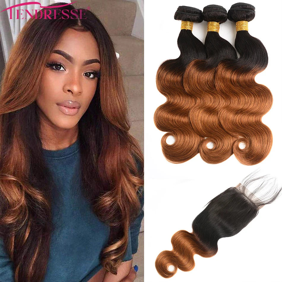 Hair Blond Brown Body Wave 3 Bundles With 4x4 HD