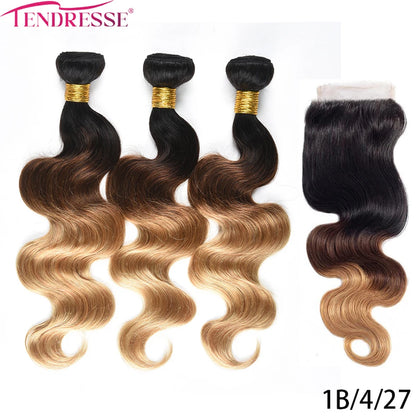 Hair Blond Brown Body Wave 3 Bundles With 4x4 HD